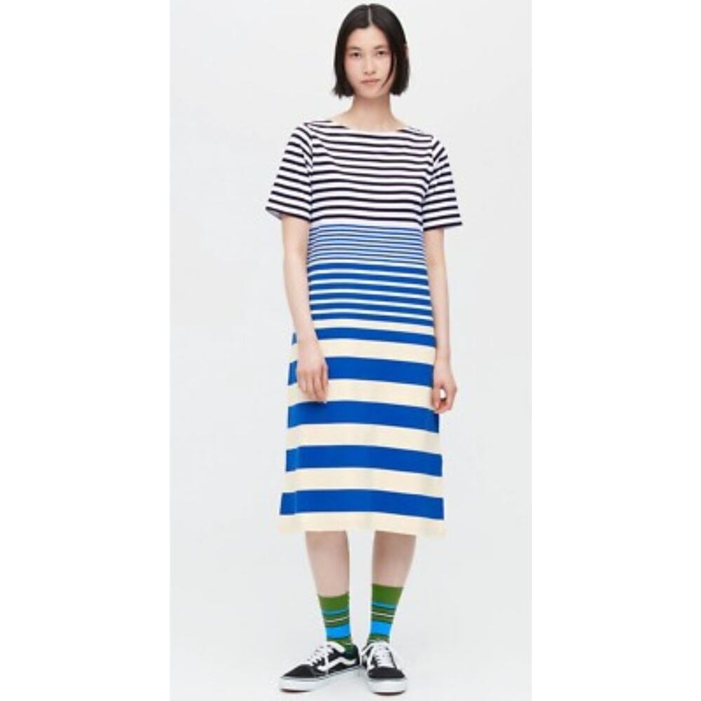 Marni Uniqlo Breton Blue Striped Cotton Midi Dress New Large